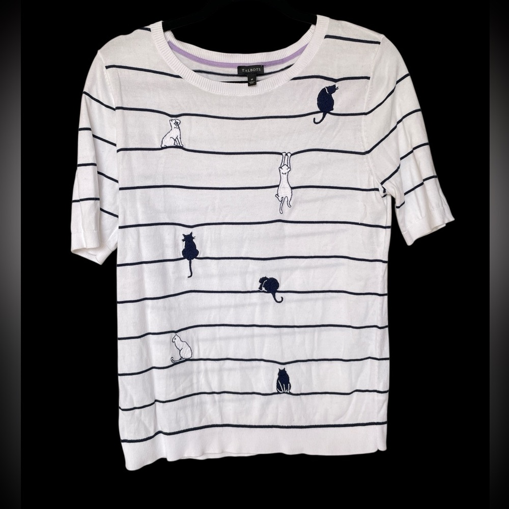 Talbots White and Navy Striped Cat Sweater Size Medium
